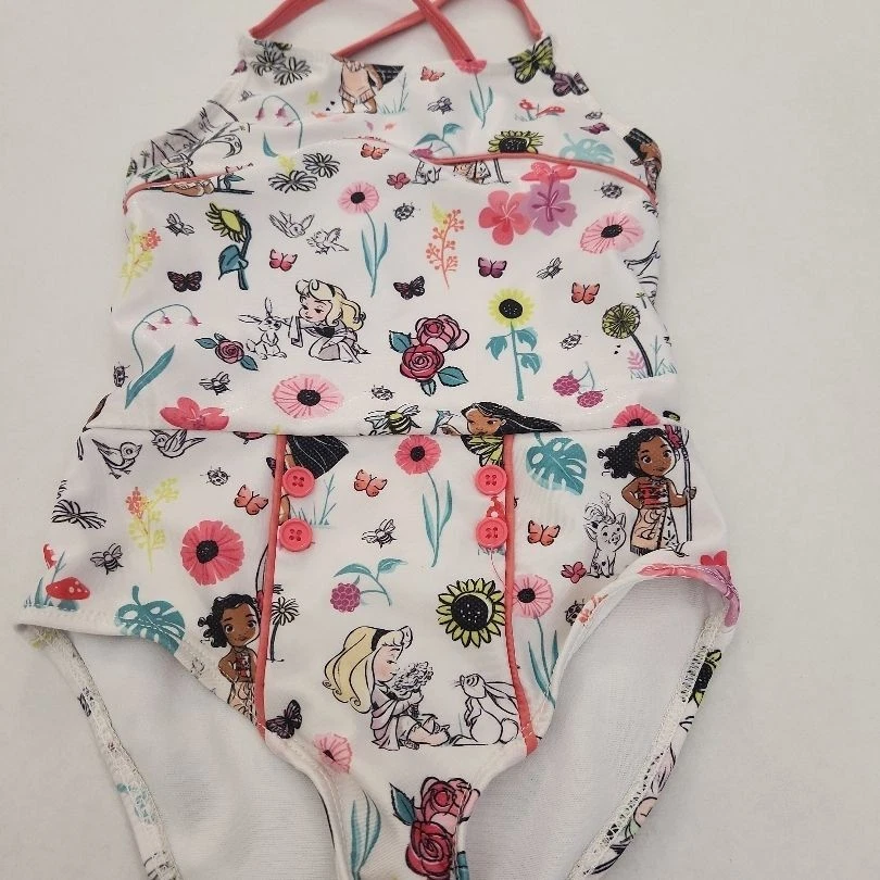 Traje de baño Disney de una pieza para niñas talla 5/6 blanco floral princesa entrecruzada espalda Foto 2 de 4