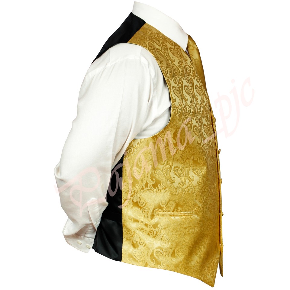 Men's Formal, Prom, Wedding, Tuxedo Vest, Bow-Tie & Hankie Set In Black Gold Paisley - Foto 3