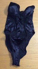VTG Shiny Black Satin High Cut Teddy Lingerie Sz S Boning Lace Wet Look FLAWS