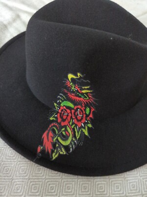 NWT Ed Hardy Black Fedora Hat Skull Tattoo/Rose/Dragon “Love 