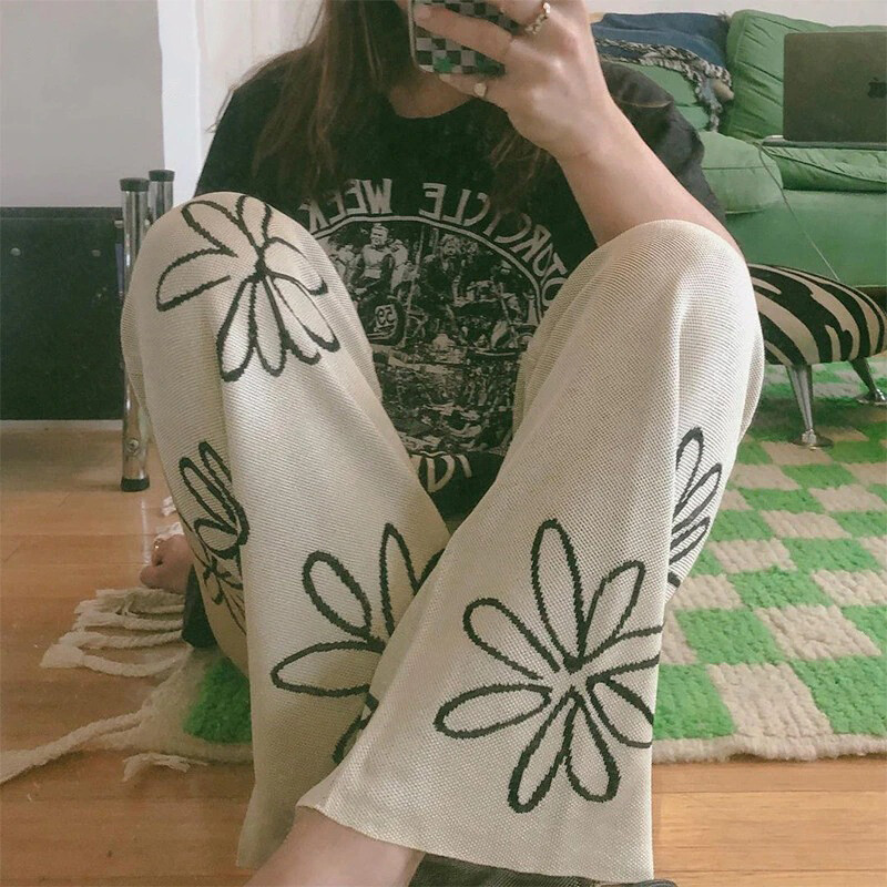Vintage Flower Print Wide Leg Pants Retro Floral Knitted High