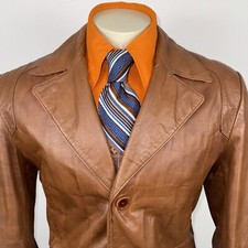 Vtg 70s Richman Leather Jacket Mens Trench Coat Blazer Mod Disco Fight Club 44
