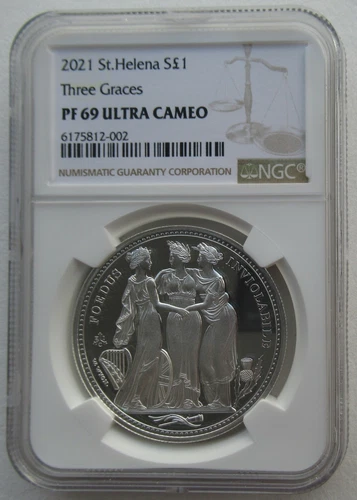 NGC PF69 UK British St.Helena 2021 Great Engravers Three Graces Silver Coin 1oz