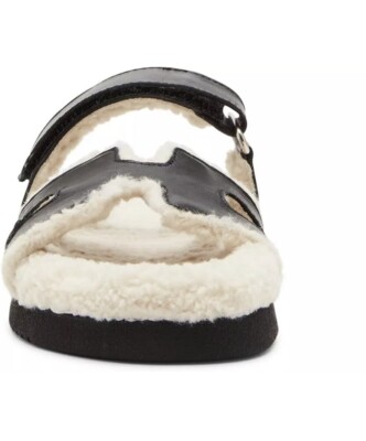Steve Madden MAYVEN Black Leather Ivory Sherpa Faux Fur Slides