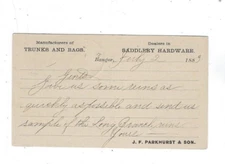 1883 Bangor ME, UX7 Postal Card, Advertising JF Parkhurst & Son, Trunks, Saddles