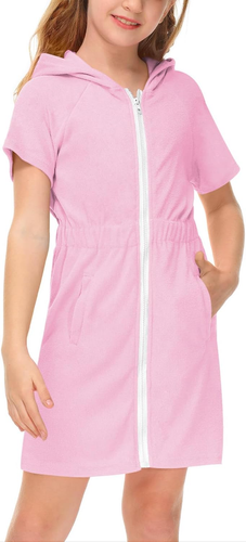 Girl'S Zip up Terry Cover up Hooded Bathrobe with Pockets 4-14 Years - Picture 11 of 30