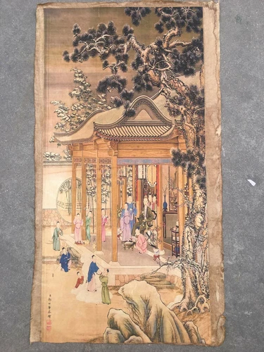 Vecchia pergamena cinese - Quadro di Qianlong che si gode la pittura sulla neve - Foto 1 di 8