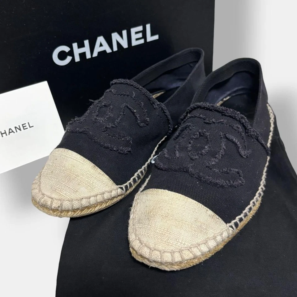 Chaussures plates CHANEL espadrille Cocomark EU 38 US 8 toile noir blanc auth... - Photo 1/4