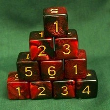 d6 DICE SET 10 16mm - RED,BLACK, MARBLED/GOLD NUMBER, WARHAMMER, D D, RPG, NEW