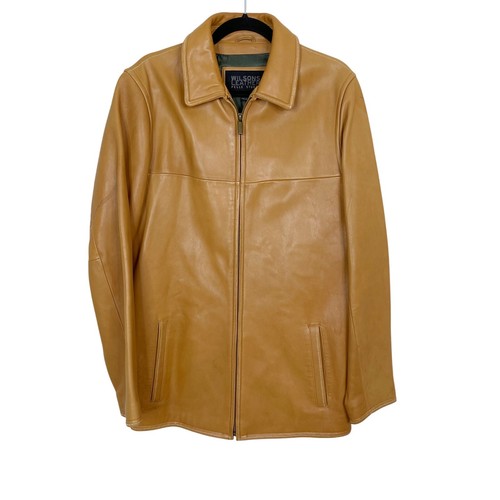 Wilsons Leather Camel Full Zip Jacket Collared Mens Small S Pockets Lined Tan