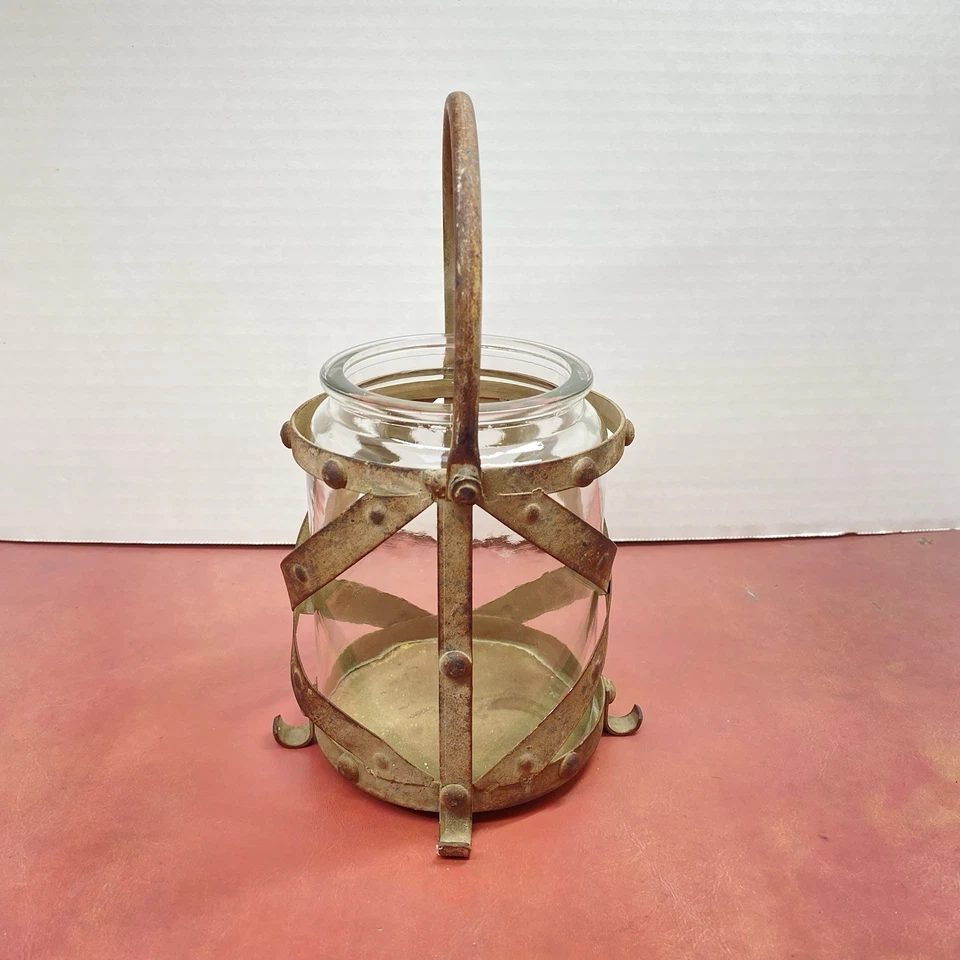 Candelabro vintage rústico de metal y vidrio linterna granja decoración industrial Foto 3 de 4