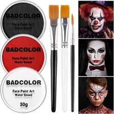 White Black Red Joker Clown Face Body Paint with Brushes for Halloween Makeup, W