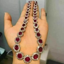 20CT Oval Cut Lab-Created Red Ruby Women's Tennis Necklace 14K White Gold Plated