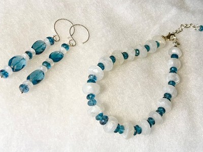 SS .925 London Blautopas Mondstein Armband Ohrring Set passt 7 -8 