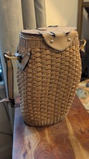 Vintage French woven basket purse or wine carrier with leather top and straps