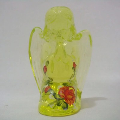 Mosser Uranium Glass Floral Rose Design Yellow Angel Hand Painted Size 3.2in