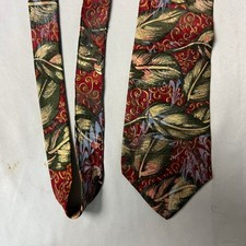 Gail MacKenzie Hand Marbled Silk Necktie Burgundy Green Gold Leaf Nature Scroll