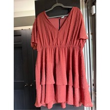 Women's Arula Tiered Dress Coral Pink Size A 1X Swiss Dot Textured Shortsleeve
