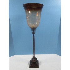 Bronze Patina 22 1 2" Hurricane Candle Stick Amethyst Ombre Crackle Glass Shade