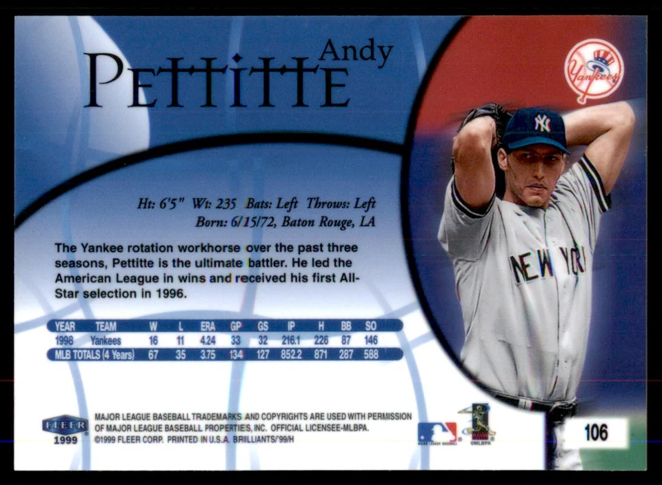 1999 Fleer Brilliants #106 Andy Pettitte New York Yankees - Image 2 of 2