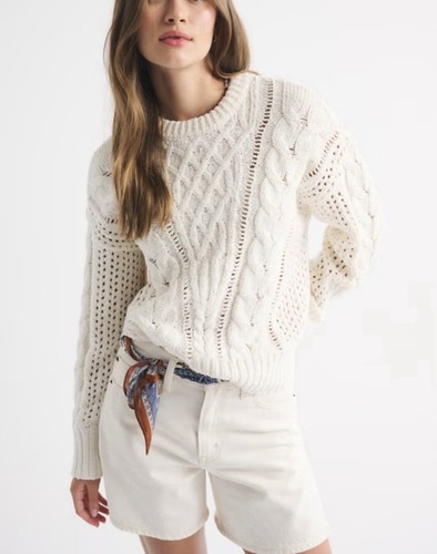 Abercrombie Fitch NWT Sz Small Textural Stitch Cable Crew Sweater Cream