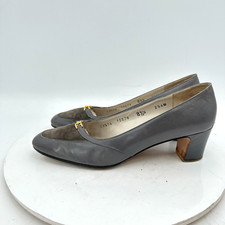 Salvatore Ferragamo Women Sz 8.5A Grey Leather Fur Gold Gancini Block Heel Shoes