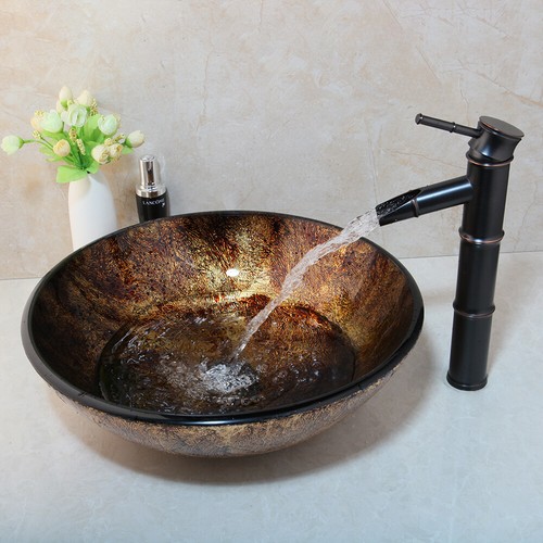 Bathroom Tempered Glass Vessel Sink Round Bowl Waterfall Spout Mixer Faucet Tap - Picture 8 of 12