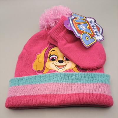 Paw Patrol Skye Girls Knit Cap Beanie Pom Matching Mittens Hot Pink Aqua NWT