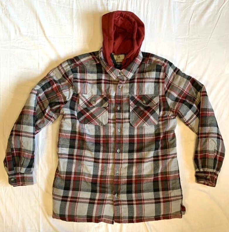 Legendary Whitetails Flannel Jacket with Hood Red Gray Plaid Quilted Lined XLT