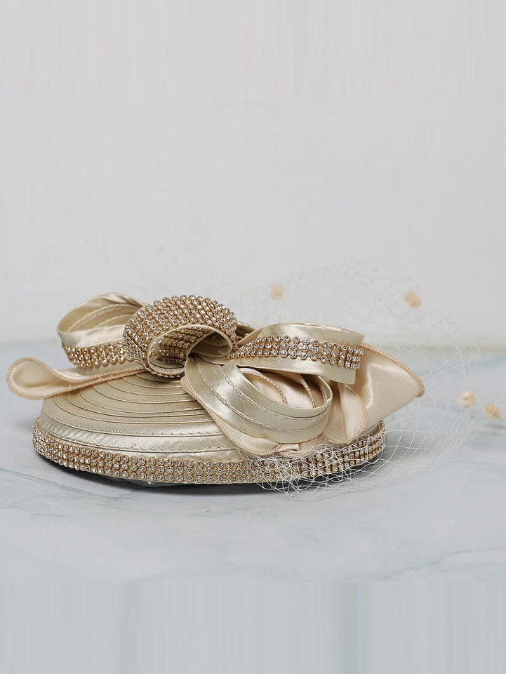 Champagne Fascinator Top Hat For Women Derby Tea Dess Pillbox Hats With Bow Veil - Image 2 of 4