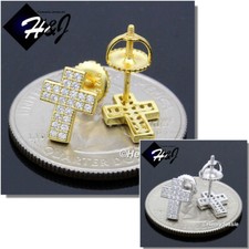 925 STERLING SILVER ICY CZ GOLD PLATED/SILVER SCREW BACK CROSS STUD EARRING E213