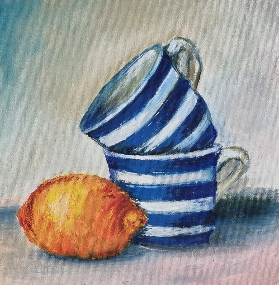 Oil painting Still life Cup Lemon Kitchen fruit Original artwork