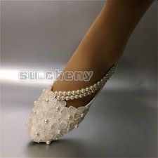 su.cheny White light ivory pearl flat heels wedge lace Wedding Bridal shoes 5-13