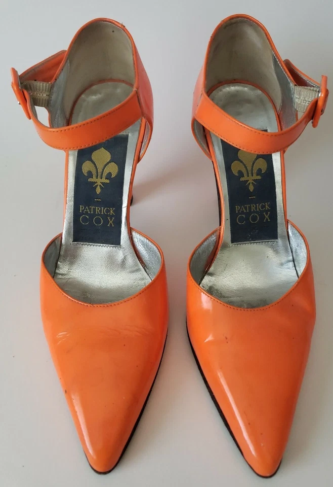 Patrick Cox Ankle Strap Pump 37.5 Neon Orange Leather Heel Shoes Italy - Image 2 of 4