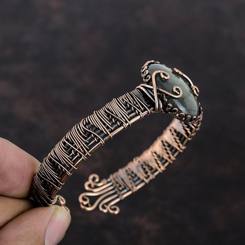 Women's Day Gift Labradorite Copper Wire Wrapped Adjustable Bangle For Women - Picture 4 of 7