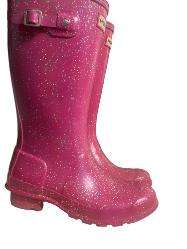 Botas de lluvia Hunter Sparkle rosa oscuro de goma UK2 US 3/4b brillantes niñas niños pequeños - Imagen 2 de 9