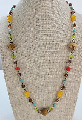 Multi Color Mixed Material Glass Stone Beaded Necklace 37 in Silver-Tone