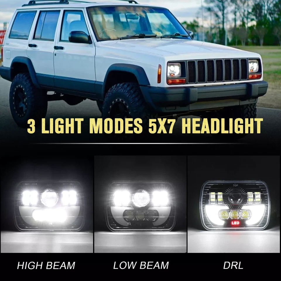 7x6" 5x7" LED Headlights Lamp Sealed Hi/Lo Beam For Jeep Cherokee XJ 1984-2001 - Image 3 of 4