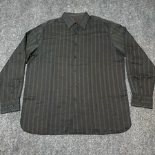 Perry Ellis Shirt Mens Large Green Pinstriped Cotton Button Down Collar Casual