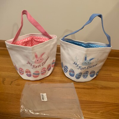 New Set Of 2 My First Easter Easter Basket - Canvas Bag Boy Girl Blue Pink Lined