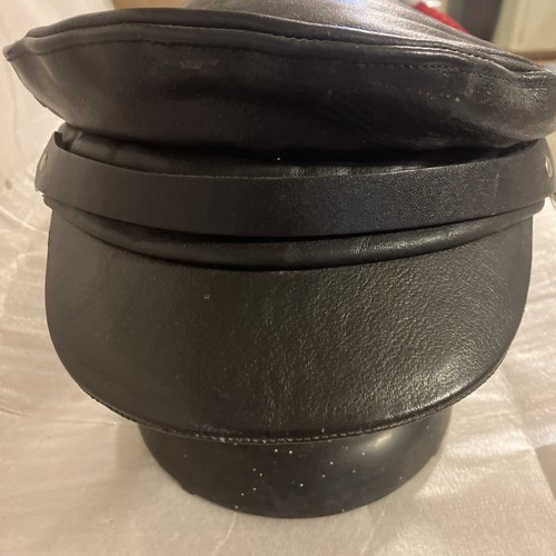 Vintage Black Leather Motorcycle Biker Cap Leather Works Made In USA Size Med. - Picture 2 of 8