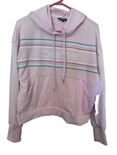 Bebe Sport Stripe Logo Pullover Hoodie Pink Women Size Large Cropped Shirt New