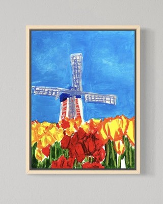 Windmill & Tulips 12x16 Canvas Abstract Colorful Landscape Original Art