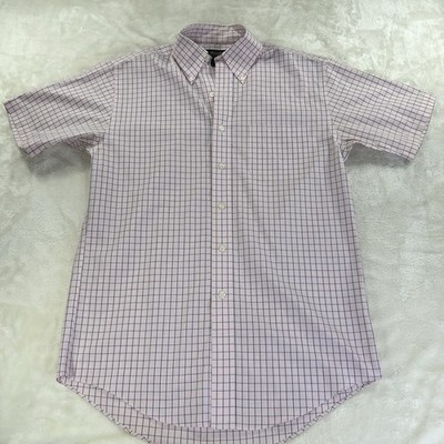 BROOKS BROTHERS Short Sleeve Shirt Mens Small Pink Blue Plaid Non Iron Cotton