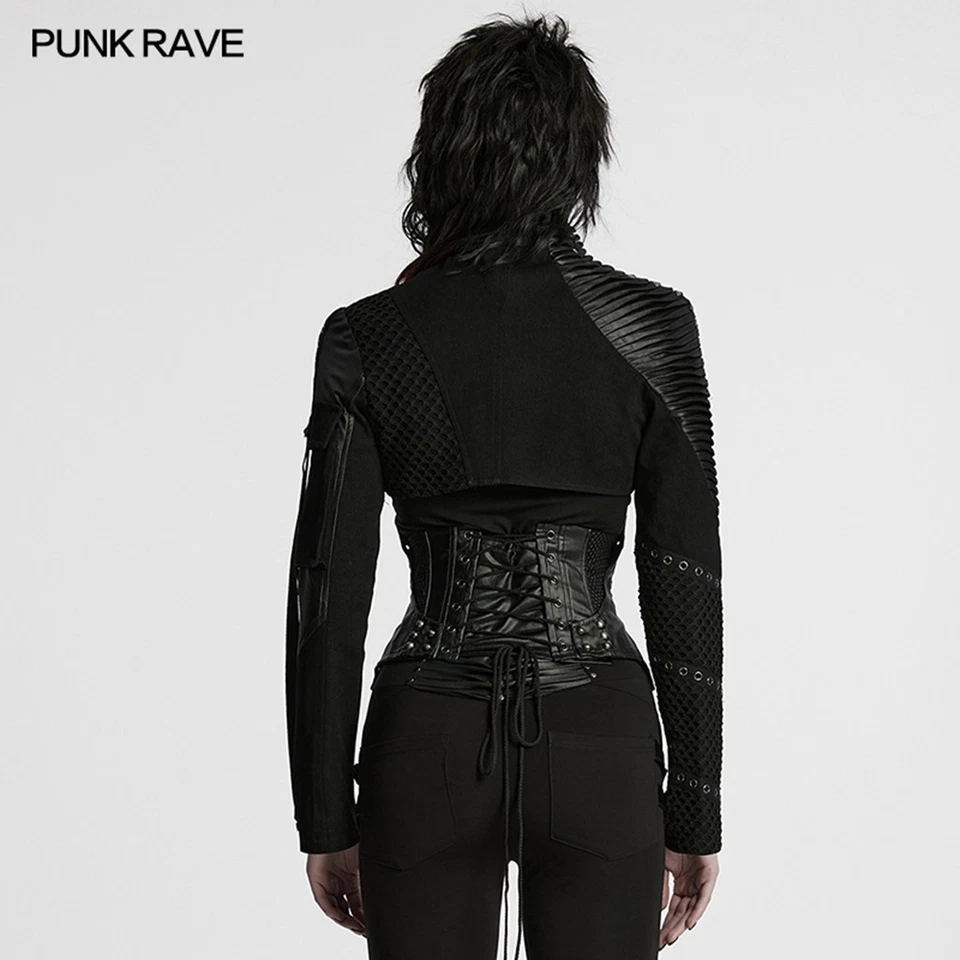 Punk Rave Women Black Gothic Punk Cropped Short Motorcycle Jacket Slim Fit Coat - Image 3 of 4