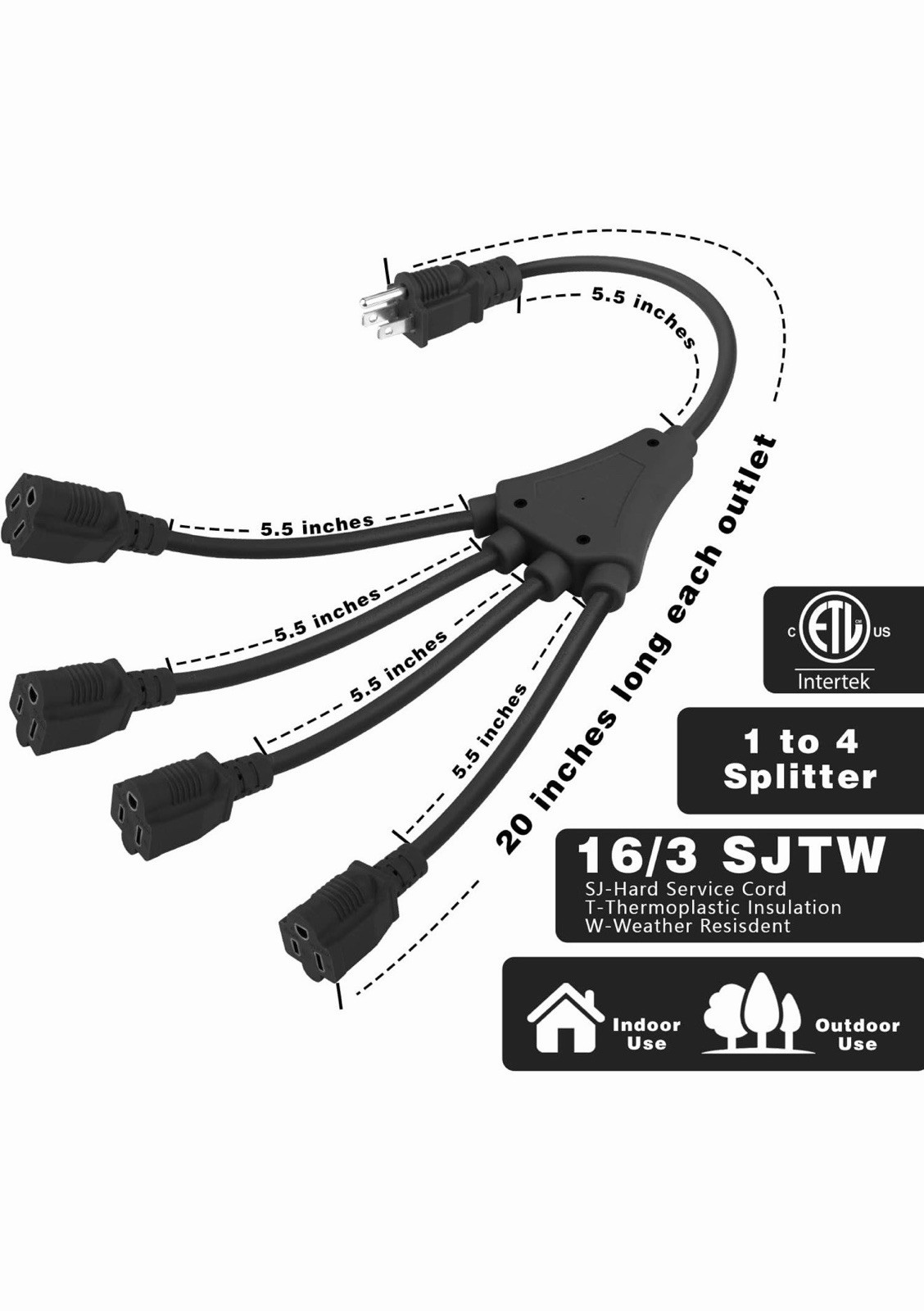 2 Pack 20 Inch 1 to 3 Extension Cord Splitter, 16/3 SJTW 3 Prong