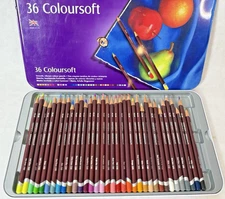 36 Derwent Coloursoft Pencils in Tin Case; Open Box, lightly used. SEE PHOTOS.
