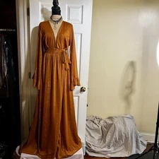 ShowPo Australia Wms Rust Metallic Boho Ruffle Deep V Slit Maxi Dress 10