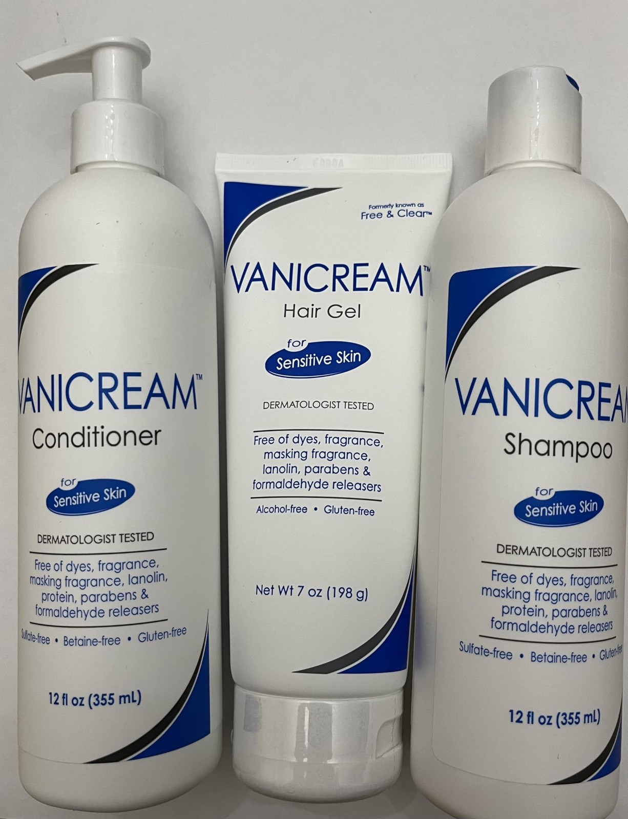 Vanicream Shampoo, Conditioner with pump 12oz and Hair Gel 7oz Trio Pack, clear