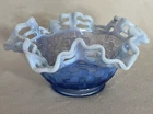 Vintage Fenton Blue Opalescent Glass Basket Weave Ruffled Bowl